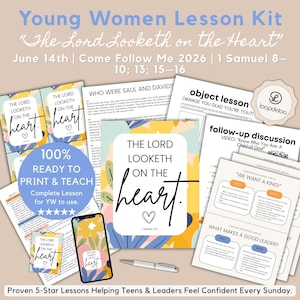 Puede incluir: Un kit de lección para mujeres jóvenes titulado The Lord Looketh on the Heart para el 14 de junio de 2026. El kit incluye hojas de lección impresas, tarjetas de discusión, una lección de objetos y un teléfono con la portada floral.