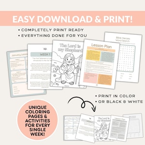 May include: A collection of printable Bible study materials, including lesson plans, coloring pages, and word searches. The materials are designed for easy download and print, available in color or black and white. The text includes "Easy Download & Print!" and "Unique Coloring Pages & Activities for Every Single Week!"