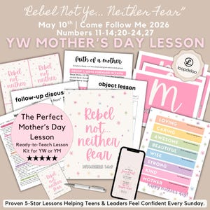 以下が含まれることがあります： ピンクと白の母の日レッスン教材のコレクション。「Rebel not... neither fear」と「The Perfect Mother's Day Lesson」の文字。宗教的な引用句が表示されたスマートフォンとペンがあります。