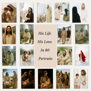 K&ouml;nnte beinhalten: Eine Sammlung von 20 Portr&auml;ts, die Szenen aus dem Leben Jesu darstellen. Die Bilder zeigen verschiedene Umgebungen und Interaktionen, mit Figuren in traditioneller Kleidung. Das zentrale Panel lautet "His Life. His Love. In 80 Portraits."