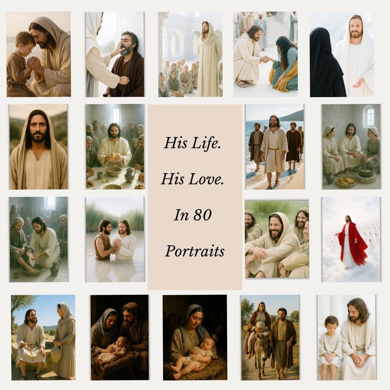 K&ouml;nnte beinhalten: Eine Sammlung von 20 Portr&auml;ts, die Szenen aus dem Leben Jesu darstellen. Die Bilder zeigen verschiedene Umgebungen und Interaktionen, mit Figuren in traditioneller Kleidung. Das zentrale Panel lautet "His Life. His Love. In 80 Portraits."