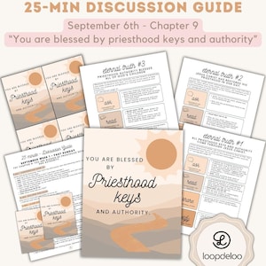 May include: A collection of printed discussion guides titled FSY-YW 25-MIN DISCUSSION GUIDE, featuring the text You are blessed by Priesthood keys and authority. The documents include sections labeled eternal truth, ask, and read, with a sun and path graphic in shades of tan, brown, and cream.