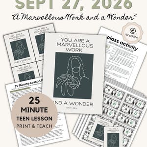 May include: A collection of printed educational materials for a Youth Sunday School lesson titled A Marvellous Work and a Wonder, dated Sept 27, 2026. The set includes lesson plans, activity sheets, and paper currency featuring line art of a figure.