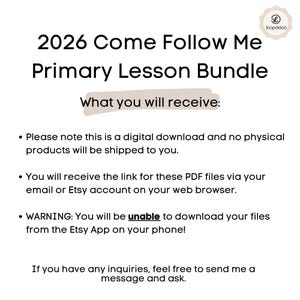 May include: White background with text: "2026 Come Follow Me Primary Lesson Bundle." Includes details about a digital download, delivery via email or Etsy, and a warning about downloading on the Etsy app. The Loopdeloo logo is in the top right.