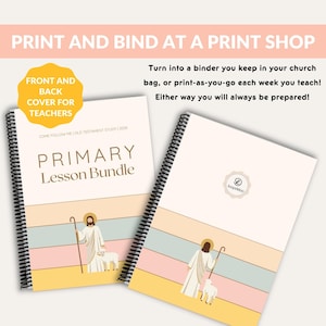 May include: Two spiral-bound lesson bundles with the text "PRIMARY Lesson Bundle" and "COME FOLLOW ME OLD TESTAMENT STUDY | 2026". The covers feature illustrations of a figure with a staff and a lamb, with pastel stripes.