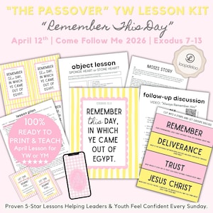 May include: A collection of printable lesson materials for a Passover-themed youth lesson. The materials include worksheets, discussion prompts, and a phone displaying a pink graphic. The text includes "Remember This Day" and "April 12th".