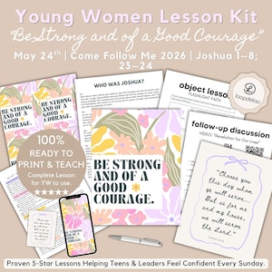 Könnte beinhalten: Ein Lektionskit für junge Frauen mit dem Text "Be Strong and of a Good Courage". Das Kit enthält gedruckte Materialien, ein Smartphone mit demselben Text und einen Stift. Das Kit soll Teenagern und Führungskräften helfen, sich selbstbewusst zu fühlen.