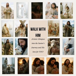 K&ouml;nnte beinhalten: Eine Sammlung k&uuml;nstlerischer Bilder, die Szenen aus dem Leben Jesu Christi darstellen. Die Bilder zeigen Jesus mit Menschen, beim Tragen eines Kreuzes und beim Halten eines Lammes. Der Text "WALK WITH HIM" wird angezeigt.