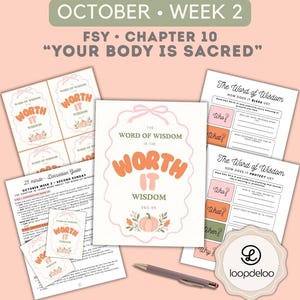 Puede incluir: Una colección de materiales educativos impresos para mujeres jóvenes de la Iglesia, semana 2 de octubre, con los títulos "Your Body Is Sacred" y "The Word of Wisdom Is The Worth It Wisdom". Incluye guías de discusión, hojas de trabajo y un bolígrafo.