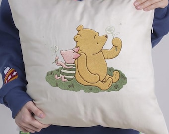 Embroidered Poooh Bear and Piglet Pillow Case, Vintage Nursery Decor, Disneyland Baby Shower Gift