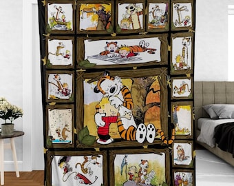 C@lvin and Tiger Comic Fleece Blanket, Classic Friendship Cartoon Funny Blanket, Newborn Shower Gift, Classic Nursery Gift