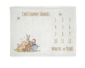 Custom Name Poooh Bear and Friends Milestone Baby Fleece Blanket, Birthday Blankets, Custom Kids Blanket, Baby Shower Gift, Bear Blanket