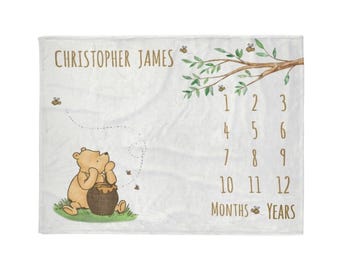 Personalized Classic Poooh Bear Jar of Honey Fleece Blanket, Custom Name Milestone Monthly Year Blanket, Newborn Age Blanket, Birthday Gifts