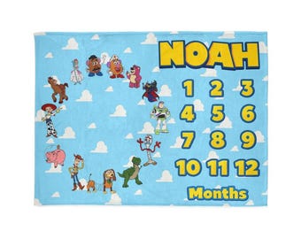 Personalized Toy Story Characters Milestone Fleece Blanket, Customizable Name Infant Month Blanket, Baby Boy or Girls Gift, Newborn Gift