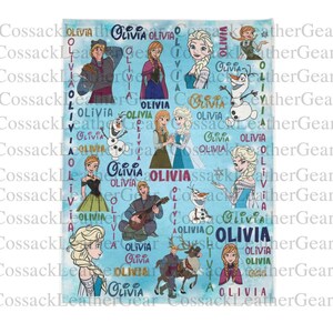 May include: A light blue blanket with illustrations of characters from the film "Frozen", and the name "Olivia" repeated across the design. The blanket features Elsa, Anna, Olaf, Kristoff, and other characters.