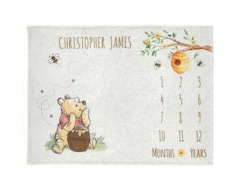 Custom Name Bear Poooh Baby Milestone Fleece Blanket, Baby Age Blanket Bear Newborn Baby Gift, Months Years Growth Blanket for Baby