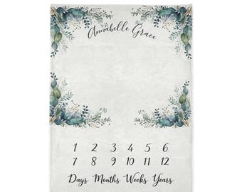 Leafy Botanical Corners Monthly Baby Milestone Fleece Blanket, Personalized Baby Blanket, Custom Blanket, Baby Shower Gift