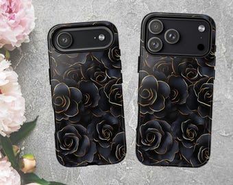 May include: Two black phone cases with a gold rose pattern. The cases have a glossy finish and are designed to fit a smartphone. The rose design is detailed and covers the entire surface of the cases.