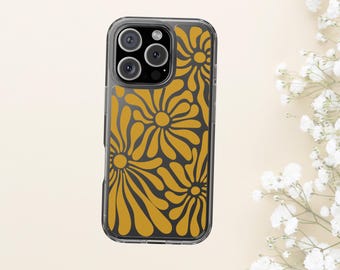 Retro Floral Phone Case, Yellow Floral Phone Case for iPhone 16, 15, 14, 13, Clear Phone Cover, Boho Phone Case