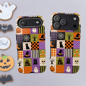 May include: Two phone cases featuring a colorful patchwork pattern of Halloween icons including pumpkins, ghosts, black cats, witch hats, skulls, spiderwebs, tombstones, and haunted houses in shades of orange, purple, green, black, and white.