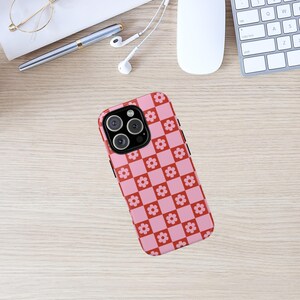 Checkered Phone Case for iPhone 16, 15, 14, Samsung, Google, Retro Floral Phone Case, Flower Phone Cover, Pink Red Checkered , Gifts for Her