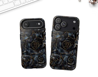 May include: Two black phone cases featuring a rose design with gold detailing. The cases have a matte finish and are designed to protect the phone's camera and screen. The cases are displayed on a white surface.