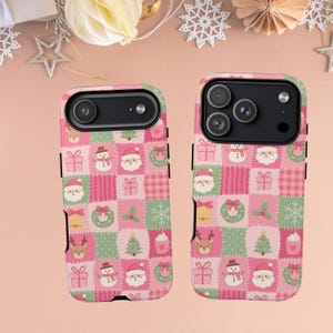 Pink Christmas Patchwork Phone Case, Santa, Reindeer, Snowman Pattern Phone Cover for iPhone 18,17,16,15,14, Samsung, Google, Holiday Gift