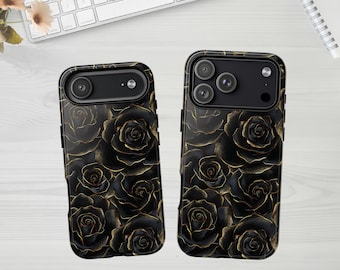 Black Roses Phone Case for iPhone 18, 17, 16, 15, 14, Samsung, Google, Gold Floral Phone Cover