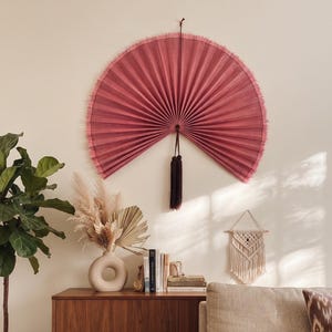Large Handwoven Bamboo Wall Fan Decor, Boho Wall Hanging, Japandi Wall Art, Woven Asian Fan with Tassel, Pink Home Decor