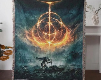 Elden Ring Inspired Woven Tapestry Blanket • Glowing Rune Fantasy Throw • Warrior Kneeling Art • Dark Fantasy Wall Hanging Decor