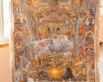 Elden Ring Inspired Dark Fantasy Woven Tapestry Blanket, Intricate Map Wall Hanging, Gamer Room Decor Throw
