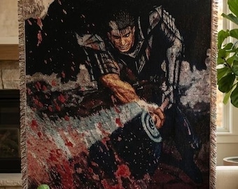 Dark Fantasy Warrior Woven Tapestry Blanket – Anime Manga Style Battle Art – Epic Sword Fighter Throw – Gothic Action Wall Hanging Decor