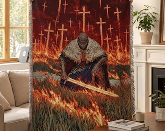 Dark Fantasy Warrior Tapestry – Flaming Battlefield Woven Wall Art, Medieval Knight Blanket, Fire Sword Decor, Anime Game Room Decor