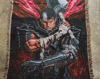 Berserk Guts Tapestry – Black Swordsman Wall Hanging | Dark Fantasy Manga Room Decor | Woven Anime Wall Art for Bedroom & Living Room