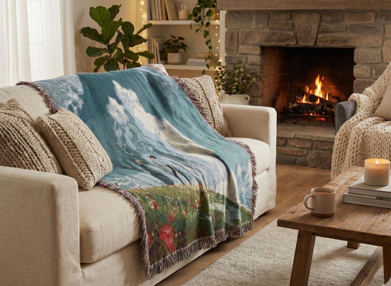 May include: A cozy living room scene with a cream-colored sofa draped with a blue and green landscape tapestry throw blanket. Two knitted throw pillows and a lit fireplace add warmth. A wooden coffee table holds a mug and candle.