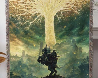 Elden Ring Inspired Woven Tapestry Blanket • Earth Tree Style Fantasy Throw • Knight & Horse Wall Art • Gamer Room Decor • Mystical Landscape