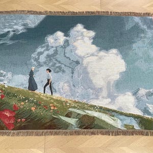 Ghibli Inspired Tapestry Blanket – Howl’s Moving Castle Aesthetic Wall Art – Woven Landscape Throw – Studio Ghibli Room Decor – Anime Gift image 1