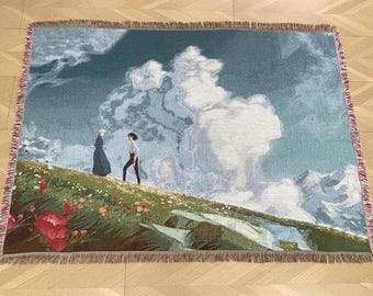 Ghibli Inspired Tapestry Blanket – Howl’s Moving Castle Aesthetic Wall Art – Woven Landscape Throw – Studio Ghibli Room Decor – Anime Gift
