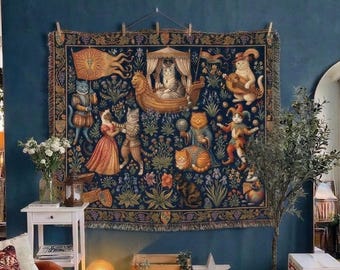 Medieval Cat Tapestry, Renaissance Animal Wall Hanging, Whimsical Cat Art Tapestry, Cottagecore Medieval Decor, Vintage Fantasy Wall Decor