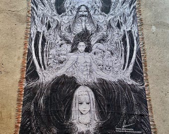 Dark Fantasy Anime Woven Tapestry Blanket – Titan-Inspired Artwork Throw – Gothic Skull & Monster Wall Hanging – Epic Detailed Home Decor