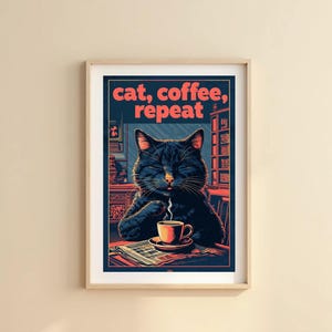 Black Cat Drinking Coffee Digital Print | Minimalist Artwork | Instant Download | Cat Lover Gift | Wall Decor for Home & Office
