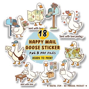 18 Cozy Postal Goose PNG Stickers, Happy Mail Clipart Bundle, Snail Mail, Penpal, Digital Download, Stationery Supplies, Journal Sticker