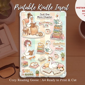 Kindle Case Insert PNG, Cute eReader Insert, Bookish Clipart, Cozy Silly Goose Doodle, Book Lover Gifts For Her, Introvert Art