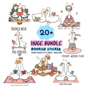 May include: A collection of whimsical stickers featuring cartoon geese engaged in various book-related activities. The stickers include phrases like "Booked With," "You Forever," and "Our Reading Night." The bundle is labeled "Huge Bundle Bookish Sticker."