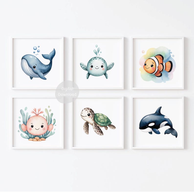 Watercolor Sea Animal Nursery Prints – Digital Wall Art Set for Kids ...