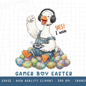 Puede incluir: Un dibujo de un ganso con auriculares y un peto, sosteniendo un mando de videojuegos y sentado sobre una pila de huevos de Pascua decorados. El texto dice "YES! I won" y "GAMER BOY EASTER".