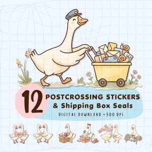Peut inclure: Illustration à l'aquarelle d'une oie portant un chapeau, poussant un chariot rempli de courrier. L'image comprend le texte "12 Postcrossing Stickers & Shipping Box Seals, Digital Download, 300 DPI" et plusieurs petits autocollants d'oie.