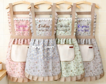 Avental de algodão personalizado com babados florais e bolsos, presente personalizado para mães e mães que adoram cozinhar e assar.