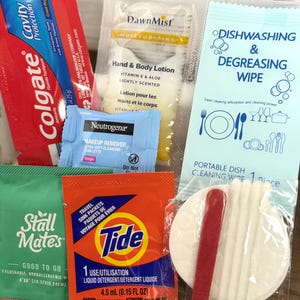 Hotel Essentials Kit | Travel Toiletry & Hygiene Pack | Compact Airbnb Emergency Kit | Sink Detergent, Dish Wipe, Toothpaste, Q-Tips, Makeup