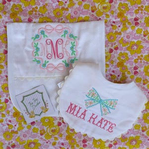Personalized Baby Bib and Burp Cloth Set: Floral Embroidery, Bow Detail